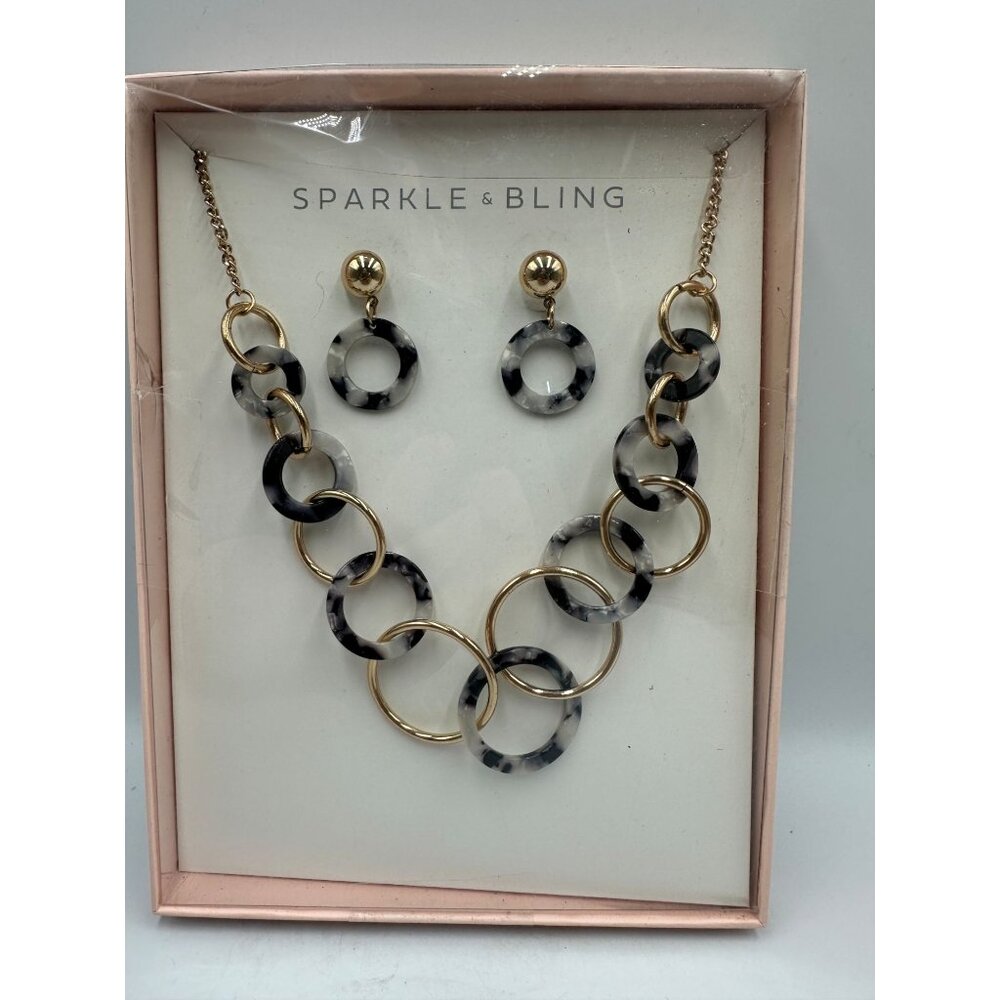 Sparkle & Bling Chain Link Necklace & Earrings Set Gold/Marble Resin Circle
